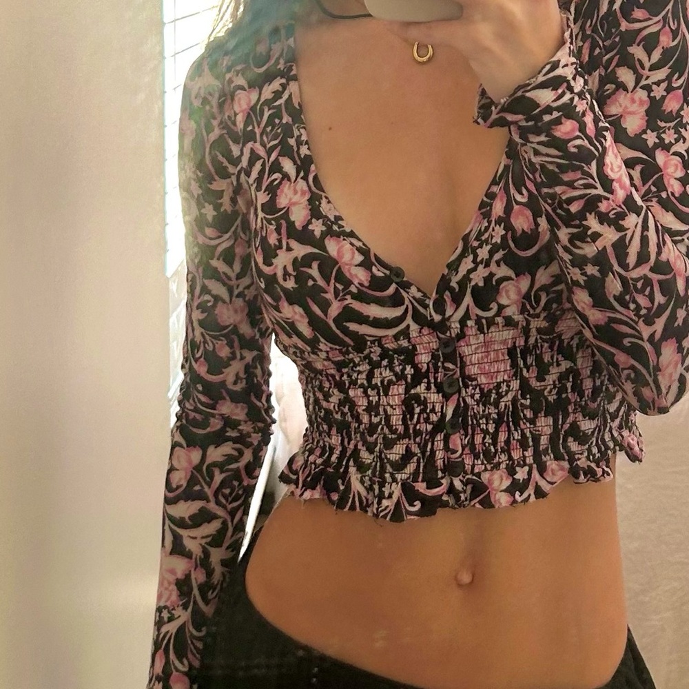 urban outfitters floral smocked long sleeve